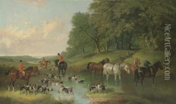 Hounds Fording A Stream Oil Painting - Charles Shayer