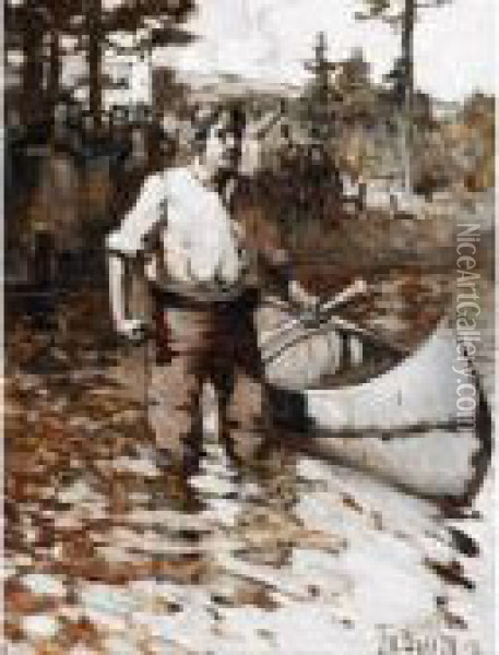Man With Canoe Before Spectators Oil Painting - John William Beatty