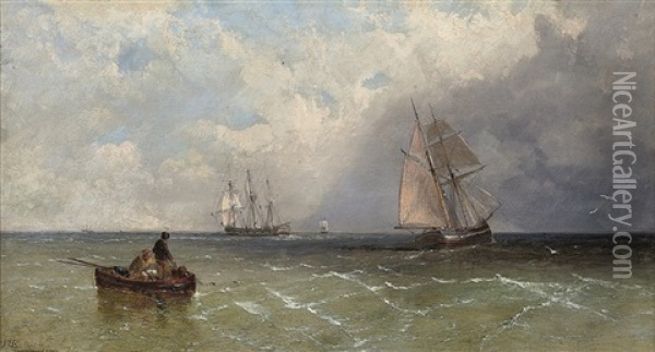 Hauling In The Lobster Pots Oil Painting - James E. Meadows