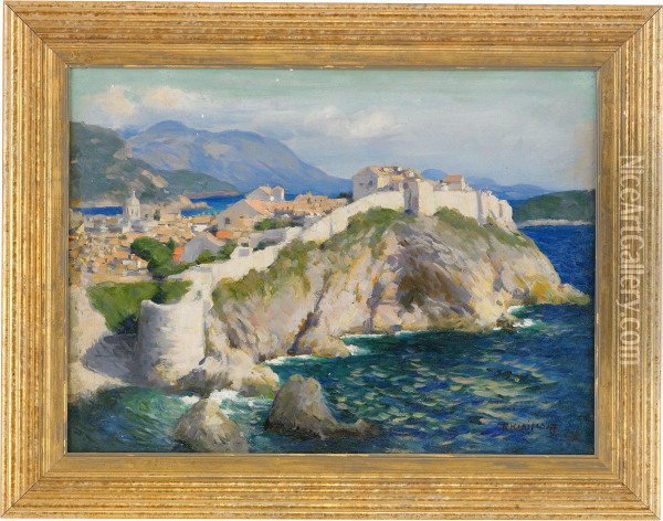 View Of A Fortified Town On The Mediterranean Oil Painting - Nikolai Vasilievich Kharitonov