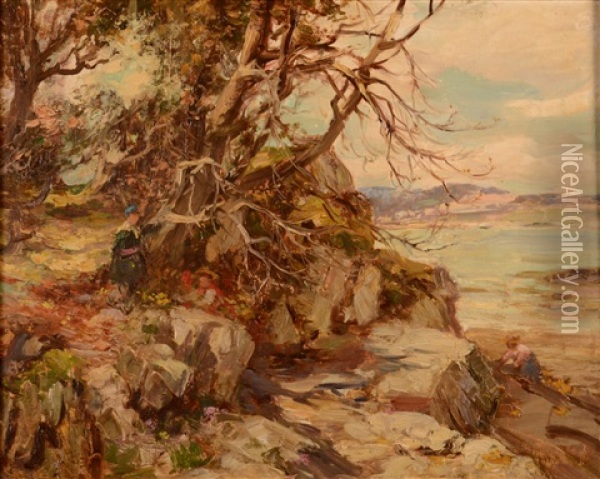 Children On Coastal Rocks Near Kirkcudbright Oil Painting - William Stewart MacGeorge