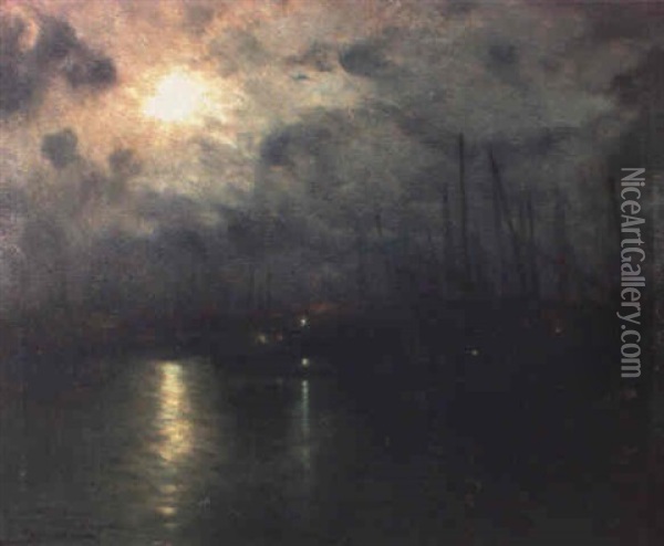 Puerto Por La Noche Oil Painting - Luis Graner y Arrufi