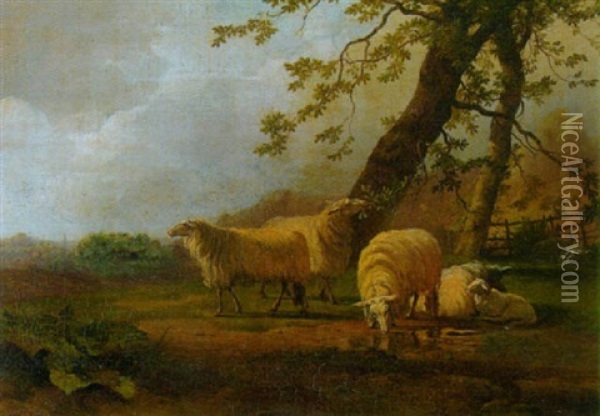 Schafe Auf Der Weide Unter Baumen Und Am Wasser Oil Painting - Pieter Lodewijk Francisco Kluyver