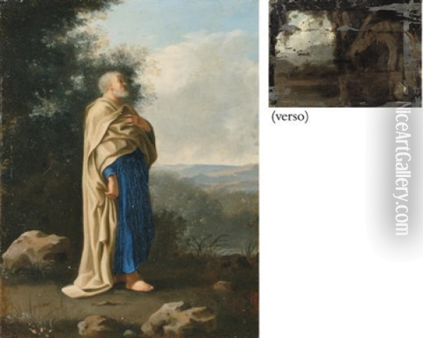 Saint Peter Standing In An Italianate Landscape (+ Landscape Painting, Verso) Oil Painting - Cornelis Van Poelenburgh