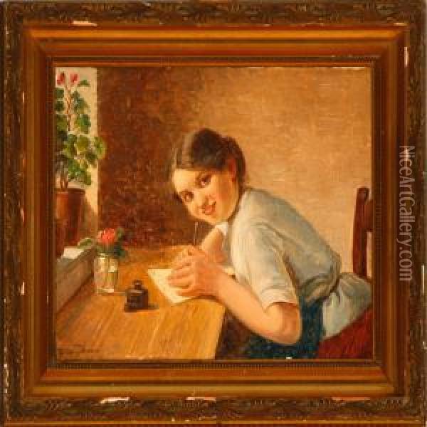 A Young Woman Writing A Love Letter Oil Painting - Olaf Simony Jensen