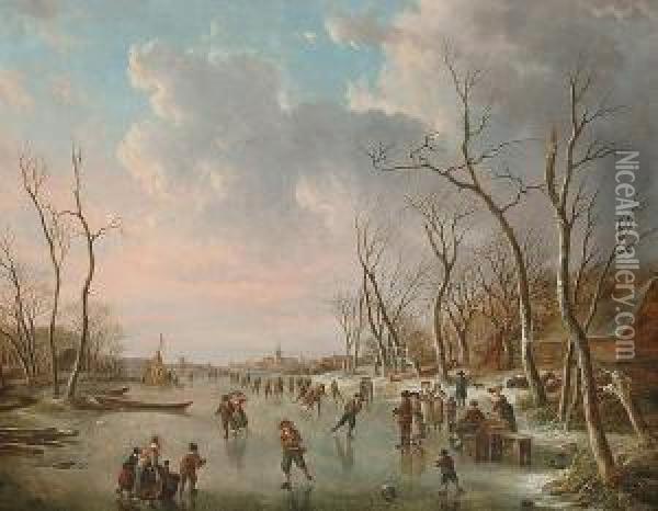 Extensive Landscape With Figures Skating Oil Painting - Andries Vermeulen
