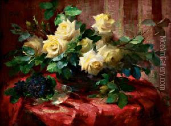 Natura Morta Con Mazzo Di Rose Gialle E Violette Oil Painting - Frans Mortelmans