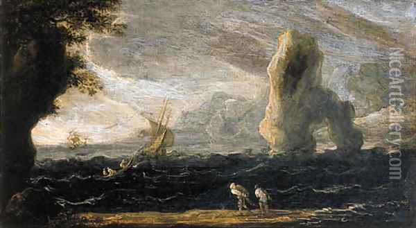 A rocky coastal landscape with fishermen hauling in their nets, as a storm approaches Oil Painting - Jan de Momper