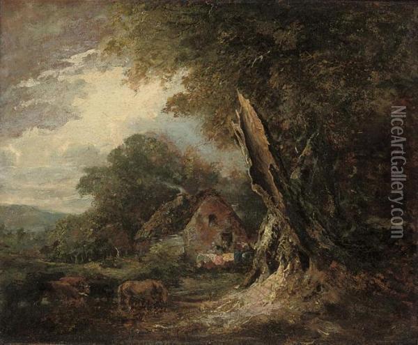 A Wooded Landscape At 'nool Bog' With Cattle Grazing By Acottage Oil Painting - Sir William Beechey
