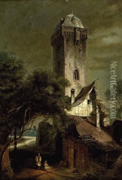 Nachtlicher Besuch Bei Einer Schlossruine Mit Wehrturm Oil Painting - Constantin Hoelscher