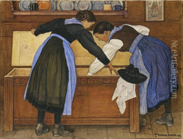 Two Girls From Valais Oil Painting - Ernest Bieler