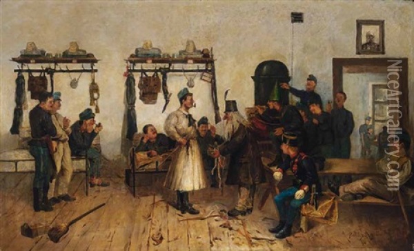 Tabakhandler In Der Soldatenstube Oil Painting - Simon Hollosy