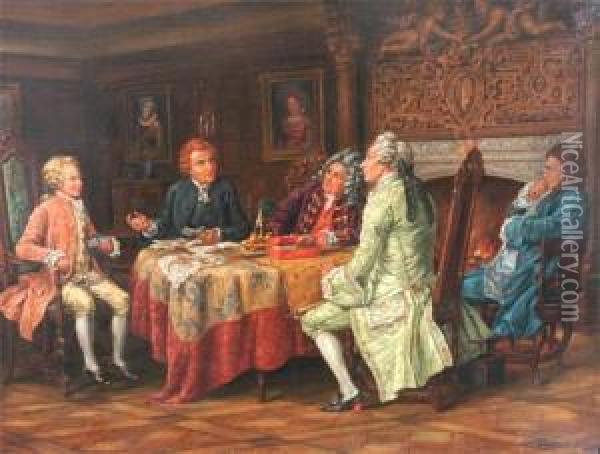Interior, Noblemen Around A Table Oil Painting - Charles Robert Leslie
