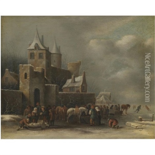 A Winter Landscape With Figures Conversing Outside A Village Oil Painting - Nicolaes Molenaer