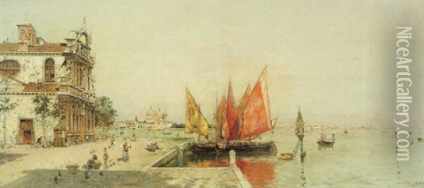 Fishing Boats On The Laguna Oil Painting - Antonio Maria de Reyna Manescau