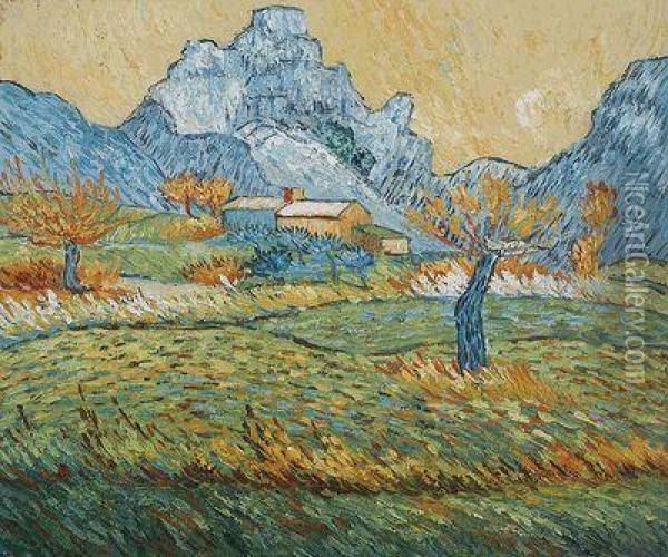 Field With Pollard Trees And Mountainous Background Oil Painting - Vincent Van Gogh