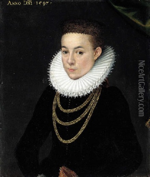 Portrait Of A Girl In Black Robes, With A White Collar And Gold Chains Oil Painting - Pieter Jansz Pourbus