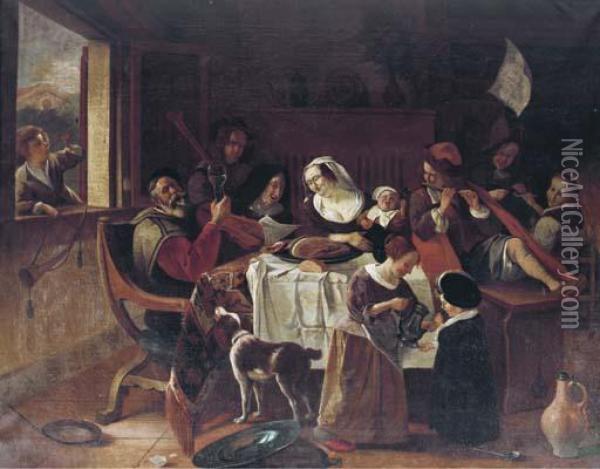 As The Old Ones Sing, So Pipe The Young Ones Oil Painting - Jan Steen