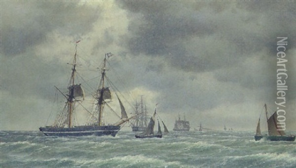 Marine Med Mange Skibe, Et Med Engelsk Flag Oil Painting - Carl Emil Baagoe