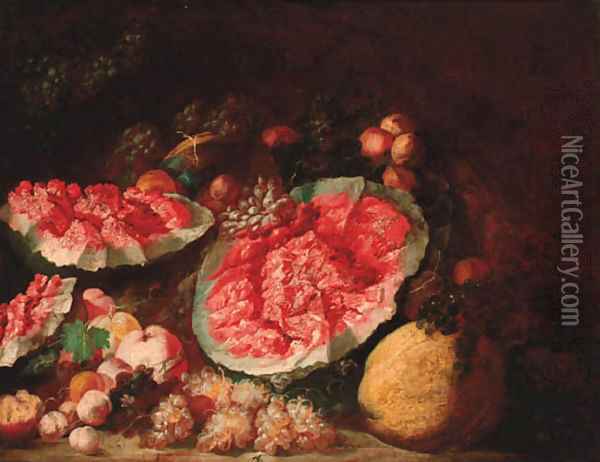 Still life of water melons, peaches and grapes Oil Painting - Maximilian Pfeiler