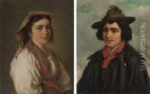 An Italian Boy In A Hat; And An Italian Girl In A Headscarf Oil Painting - Josef Bche