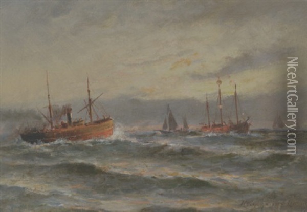 Marine Med Skibe Omkring Et Fyrskib Oil Painting - Holger Henrik Herholdt Drachmann