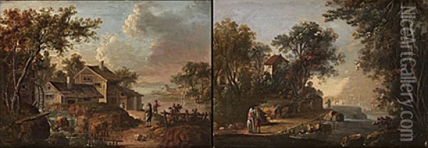 Flodlandskap Med Byggnader Och Figurer (+ Another Similar; Pair) Oil Painting - Johan Philip Korn
