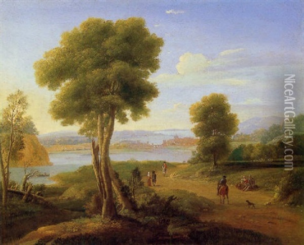 Figures In An Extensive Southern Landscape Oil Painting - Hendrick Frans van Lint