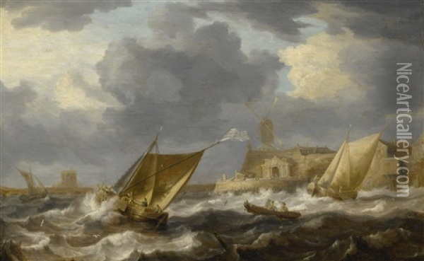 Vessels And A Rowing Boat On Choppy Waters, Near A Small Harbor Town With A Windmill, Possibly Hoboken Oil Painting - Bonaventura Peeters the Elder