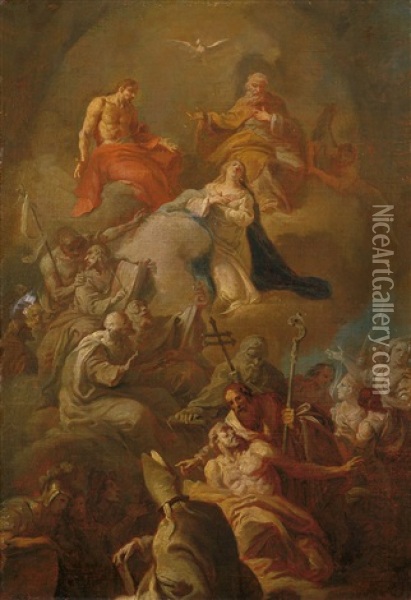 Die Heilige Dreifaltigkeit Mit Der Madonna Und Zahlreichen Heiligen Oil Painting - D. Francisco Bayeu y Subias