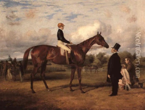 Virago With John Wells Up And With His Trainer Mr. John Day And The Stable Lad W.s. Cooper Oil Painting - Thomas Barratt Of Stockbridge