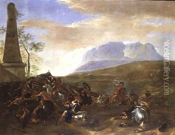A Skirmish by an Obelisk in an extensive landscape Oil Painting - Hendrick Verschuring