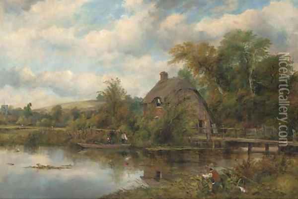 Figures in a boat by a Suffolk cottage Oil Painting - Frederick William Watts