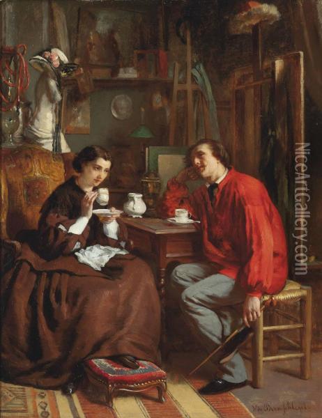 Tea Time In The Artist's Studio Oil Painting - Victor De Bornschlegel