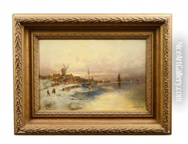 Winter Coastal Landscape With Windmill, Boats And Figures Oil Painting - Georg Fischhof