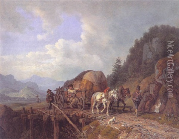 Pferdefuhrwerk Auf Einer Brucke Oil Painting - Heinrich Buerkel