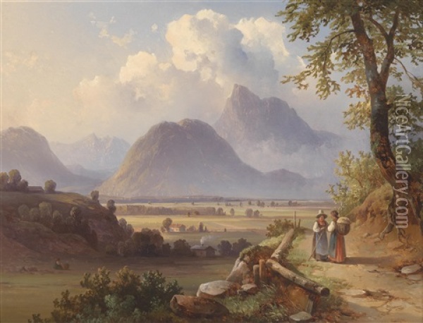 Blick Vom Fuse Des Monchsberg Auf Den Hohenstaufen, Davor Der Fuderheuberg Oil Painting - Edmund Mahlknecht