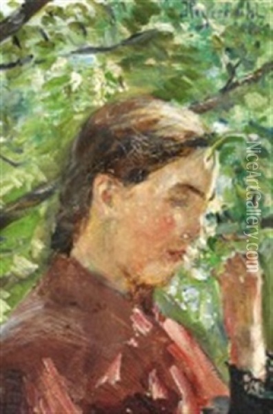 A Young Woman In Profile Smelling A Blooming Fruit Branch Oil Painting - Hans Olaf Heyerdahl