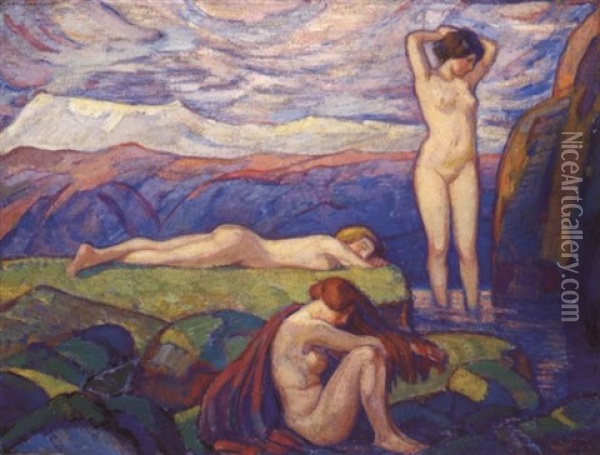 Drei Badende Frauen Oil Painting - Ludwig Von Hofmann