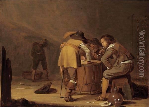 Soldiers In A Guardroom Smoking And Playing Dice On A Drum Oil Painting - Pieter Symonsz. Potter
