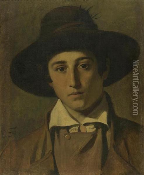 Portrat Eines Jungen Mannes Mit Hut. Oil Painting - Ernst Stuckelberg