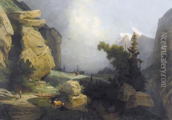Felsige Berglandschaft Mit Blick Auf Das Wetterhorn Oil Painting - Leonard Alexis Dalige de Fontenay