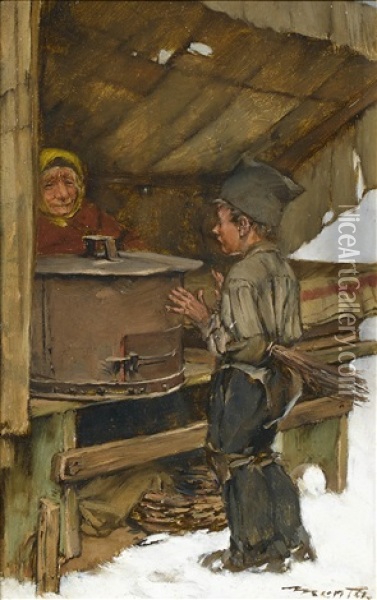 Maronistand Mit Frierendem Bauernjunge Oil Painting - Edouard (John) Menta
