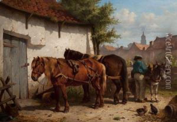 Two Horses And A Donkey Being Put To Acart Oil Painting - Wouterus Verschuur