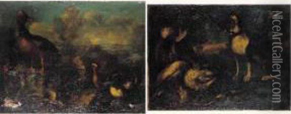 Chien Gardant Un Trophee De Chasse Canards Pres D'une Mare Oil Painting - Candido Vitali