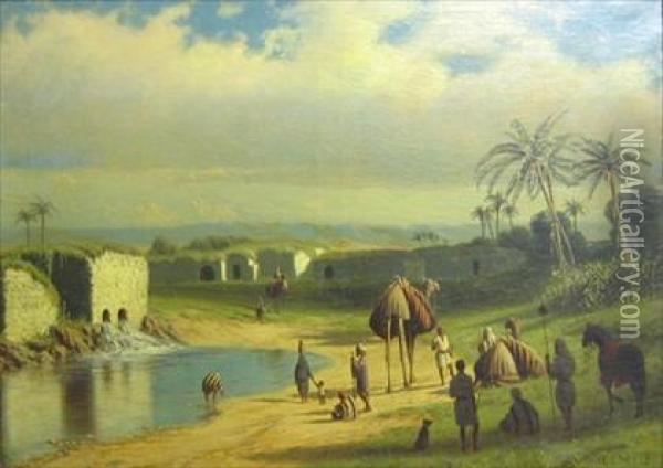 Camels And Figures At An Oasis Oil Painting - Edwin Lord Weeks