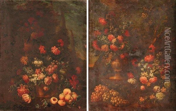 Nature Morte
Con Vaso E Cesto Di Fiori Su Sfondo Di Paesaggio Oil Painting - Gasparo Lopez