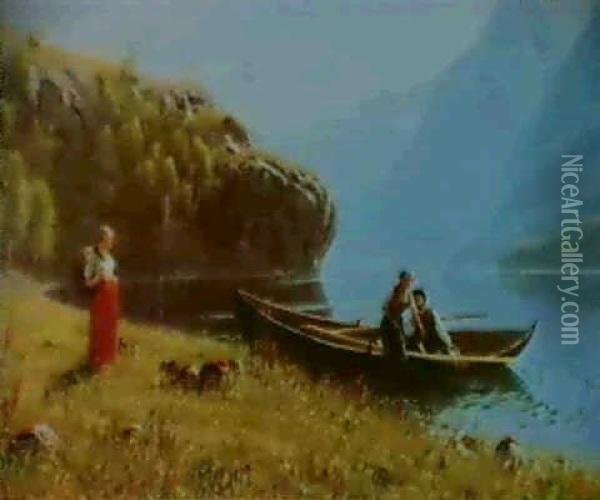 Mountainous Landscape Scene Depicting Three Figuers In      Foreground By A Norwegian Lake Oil Painting - Hans Dahl