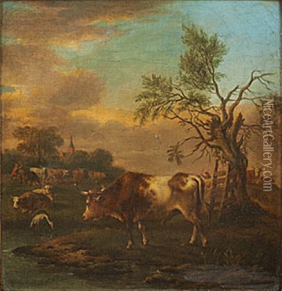 Pastoralt Landskap Med Kreatur Oil Painting - Michiel (Carree) Carre