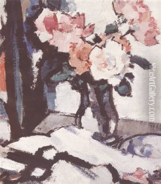 Still Life With A Vase Of Roses Oil Painting - Samuel John Peploe